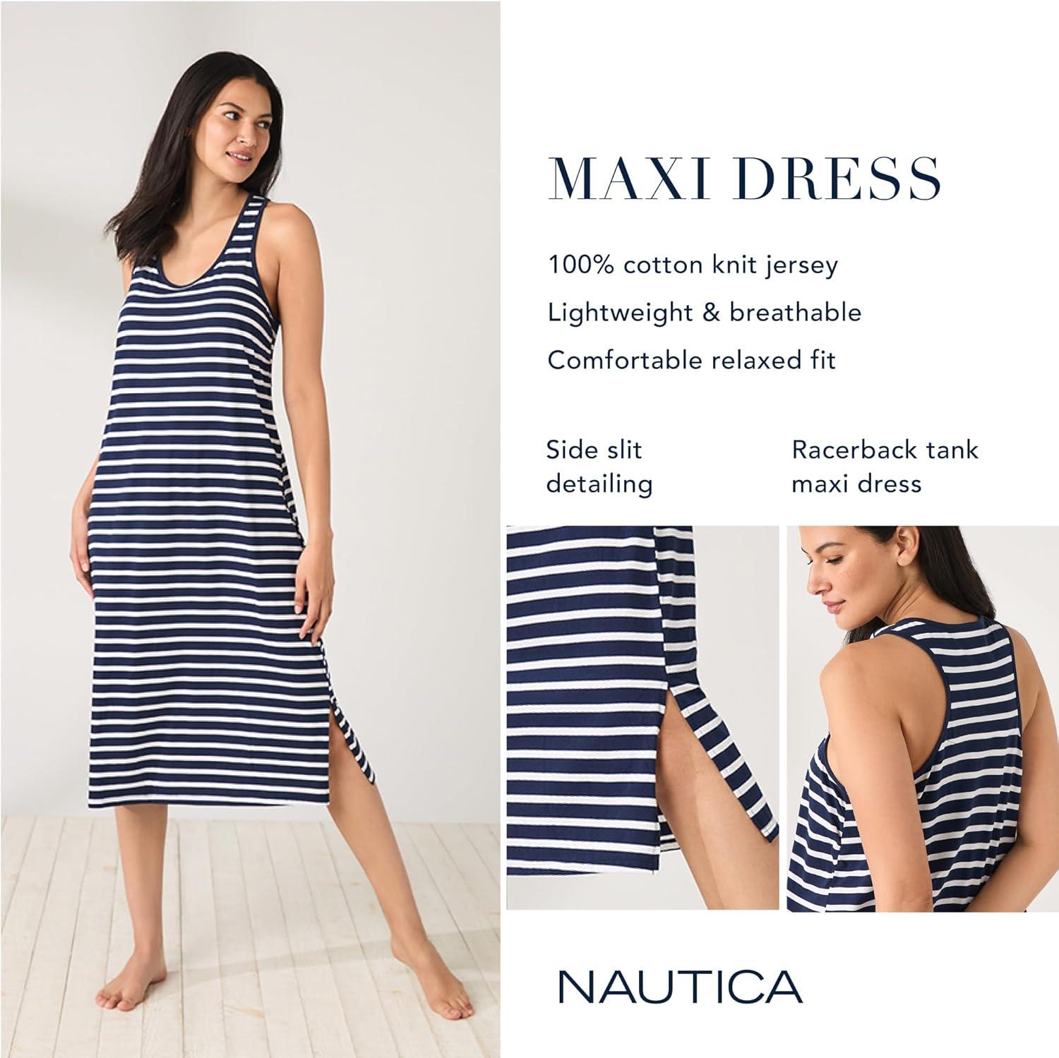 imageNautica Womens Sleep Dress 100 Cotton Jersey Knit Racerback Full Length Nightgown with SlitNavy Blue Stripe