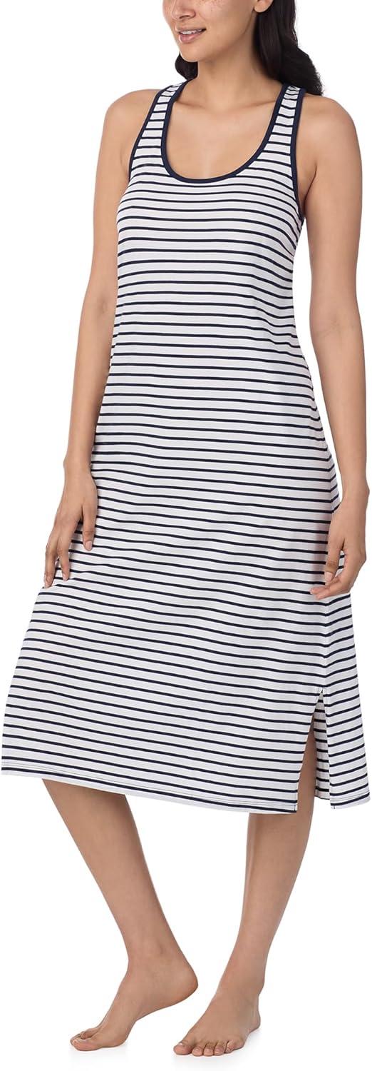 imageNautica Womens Sleep Dress 100 Cotton Jersey Knit Racerback Full Length Nightgown with SlitWhite Stripe