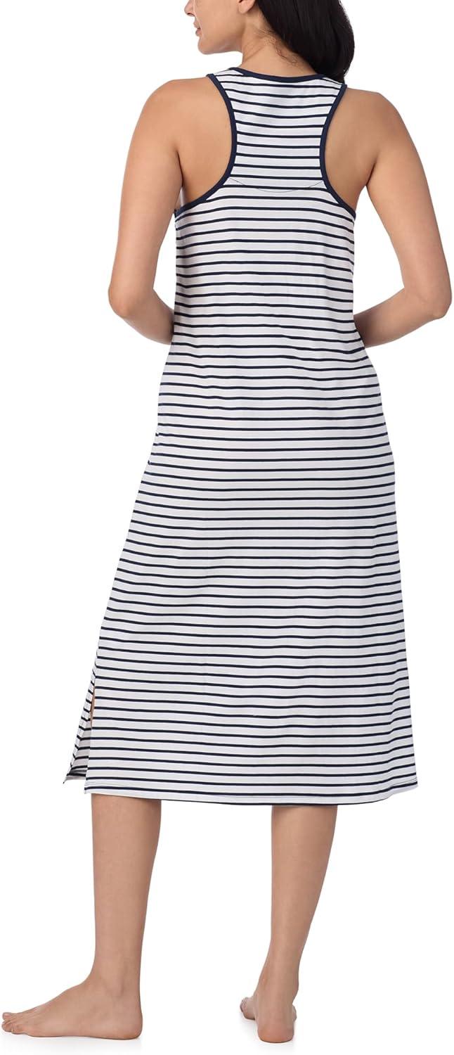 imageNautica Womens Sleep Dress 100 Cotton Jersey Knit Racerback Full Length Nightgown with SlitWhite Stripe