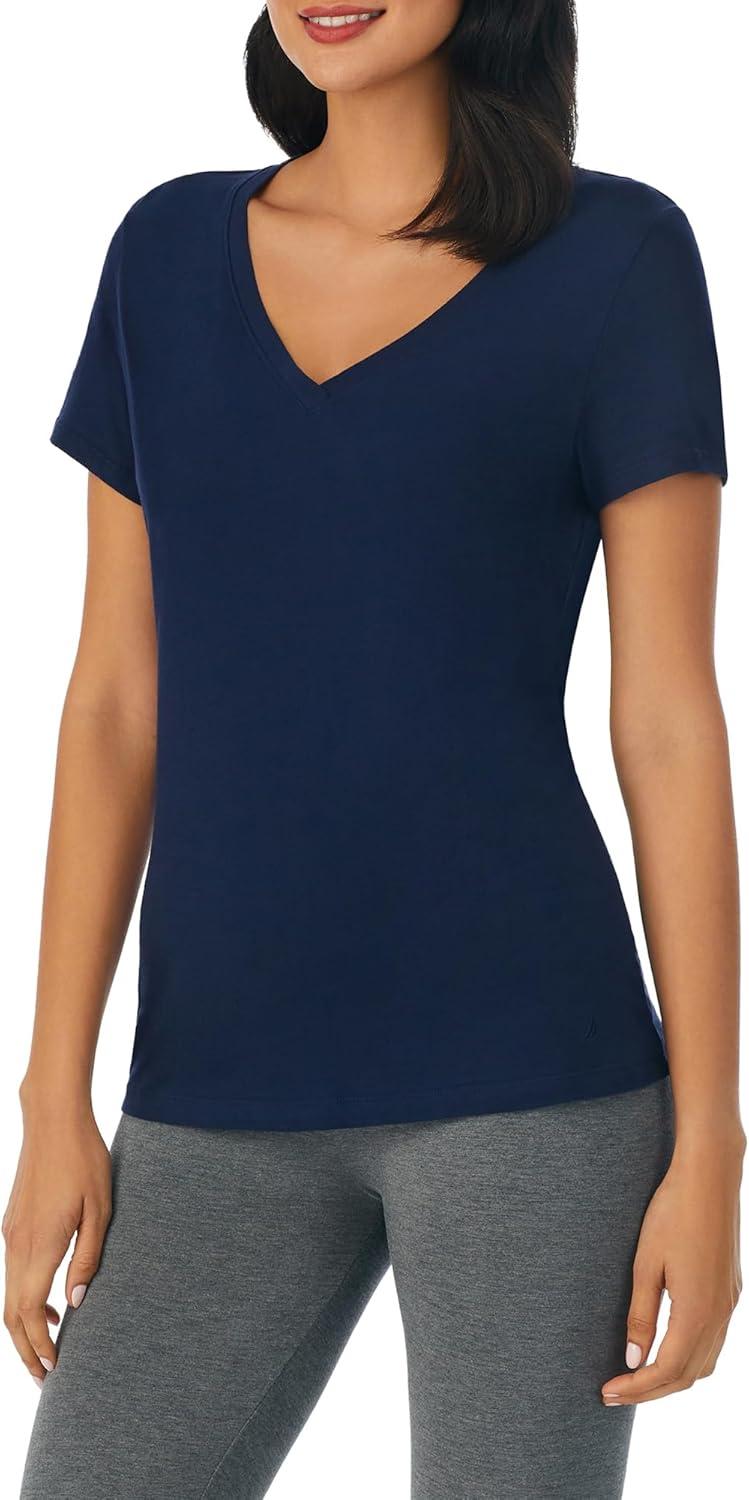 imageNautica Womens Sleep Shirt Lightweight Breathable Pajama Top Cotton Knit Jersey VNeck Sleepwear and LoungewearNavy