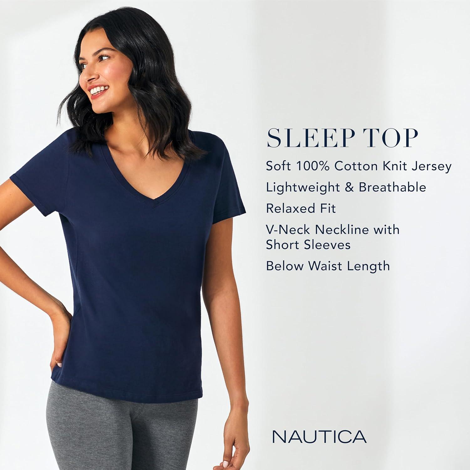 imageNautica Womens Sleep Shirt Lightweight Breathable Pajama Top Cotton Knit Jersey VNeck Sleepwear and LoungewearNavy