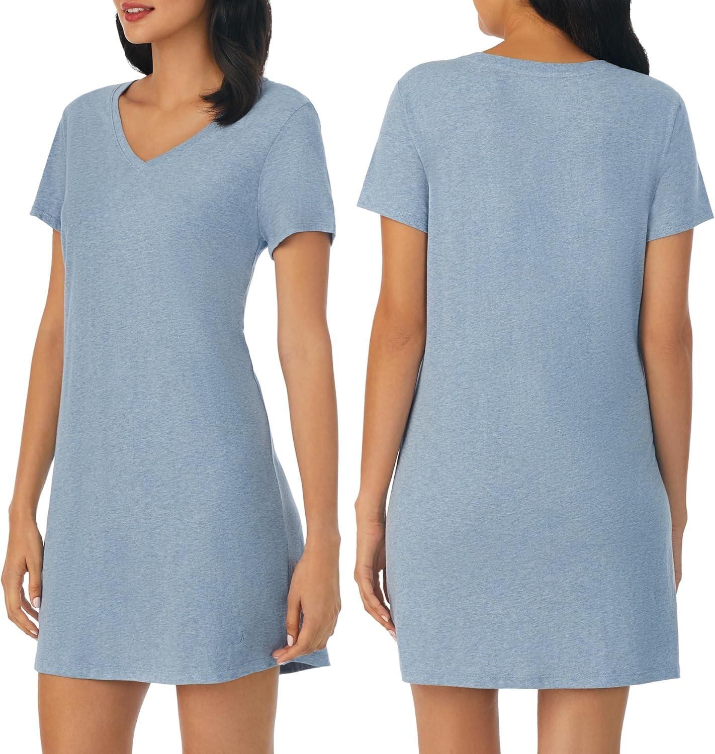 imageNautica Womens Sleep Shirt Dress Cotton Knit Jersey VNeck Pajama Top Lightweight amp Breathable Sleepwear LoungewearHeather Blue