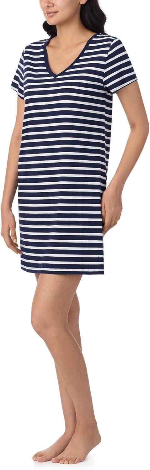 imageNautica Womens Sleep Shirt Dress Cotton Knit Jersey VNeck Pajama Top Lightweight amp Breathable Sleepwear LoungewearNavy Stripe