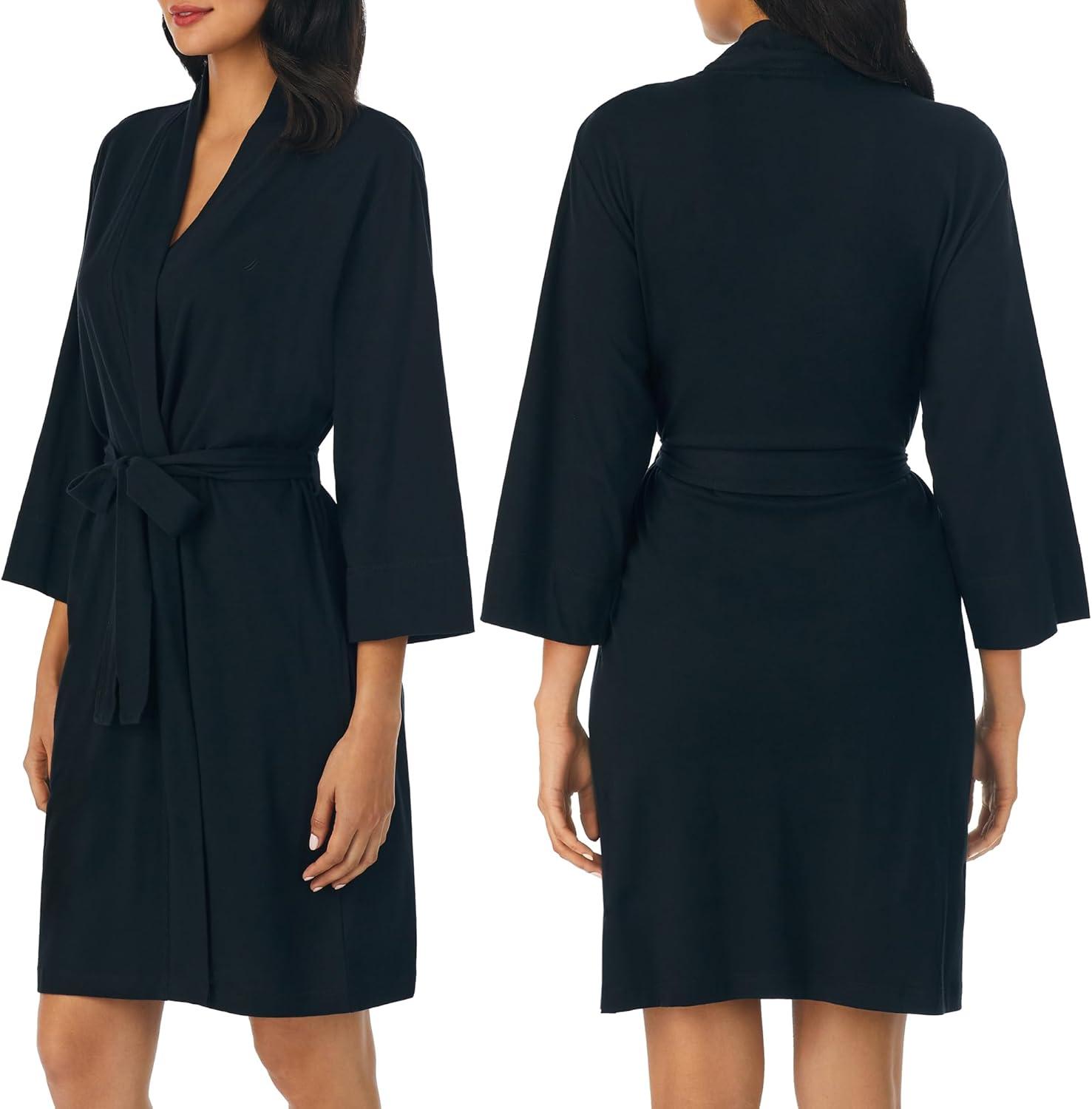 imageNautica Womens Soft Robe Above Knee 34 Length Sleeve Lightweight Robe Cotton Knit Jersey Sleepwear and LoungewearBlack