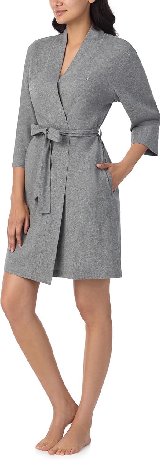 imageNautica Womens Soft Robe Above Knee 34 Length Sleeve Lightweight Robe Cotton Knit Jersey Sleepwear and LoungewearHeather Grey