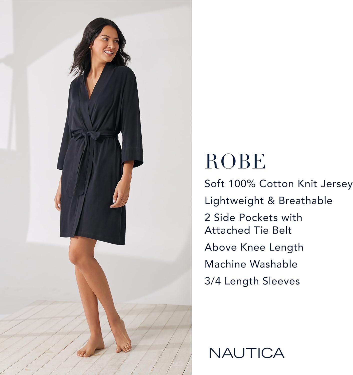 imageNautica Womens Soft Robe Above Knee 34 Length Sleeve Lightweight Robe Cotton Knit Jersey Sleepwear and LoungewearNavy