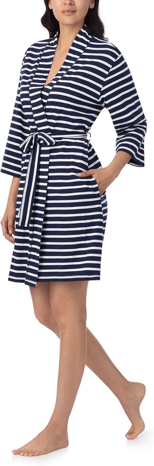 imageNautica Womens Soft Robe Above Knee 34 Length Sleeve Lightweight Robe Cotton Knit Jersey Sleepwear and LoungewearNavy Stripe