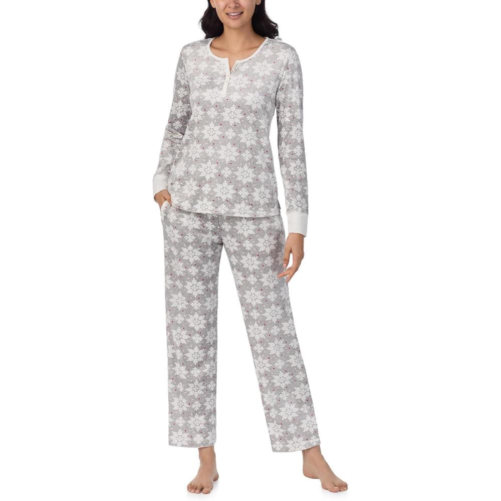 imageNautica Pajamas for Women Set Long Sleeve Henley Pajama Shirt amp Pants Warm Winter Fleece Sleepwear Lounge PJ Sets for WomenGrey Snowflake