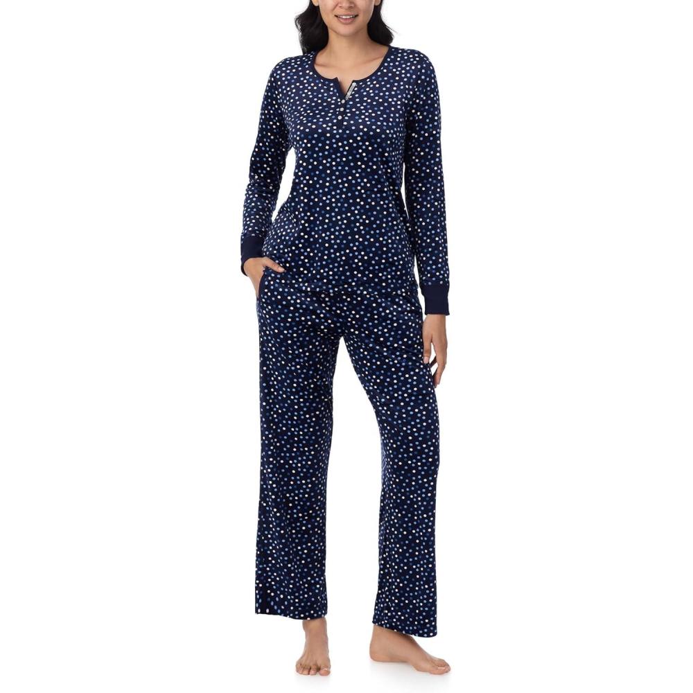 imageNautica Pajamas for Women Set Long Sleeve Henley Pajama Shirt amp Pants Warm Winter Fleece Sleepwear Lounge PJ Sets for WomenNavy Dots