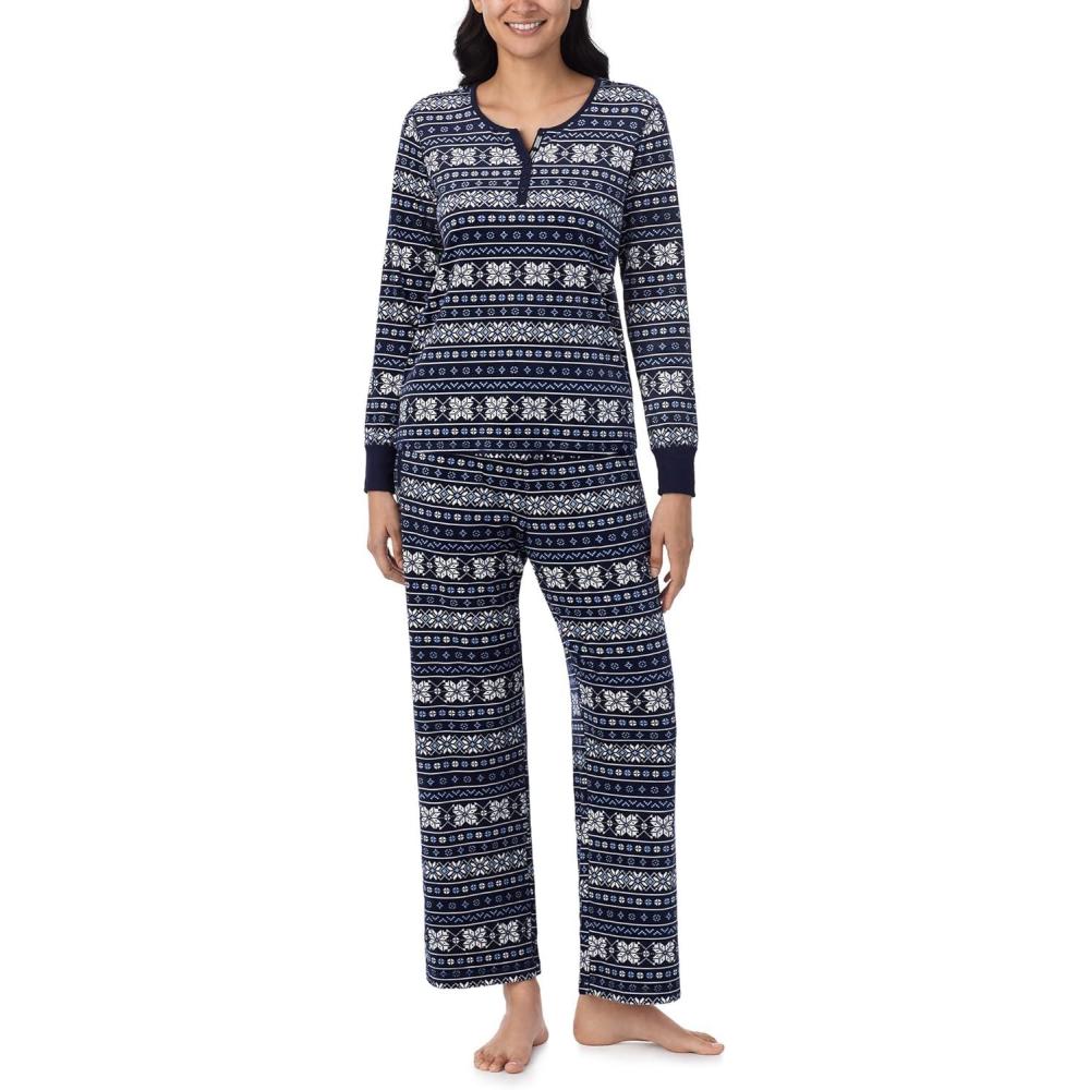 imageNautica Pajamas for Women Set Long Sleeve Henley Pajama Shirt amp Pants Warm Winter Fleece Sleepwear Lounge PJ Sets for WomenNavy Fairisle