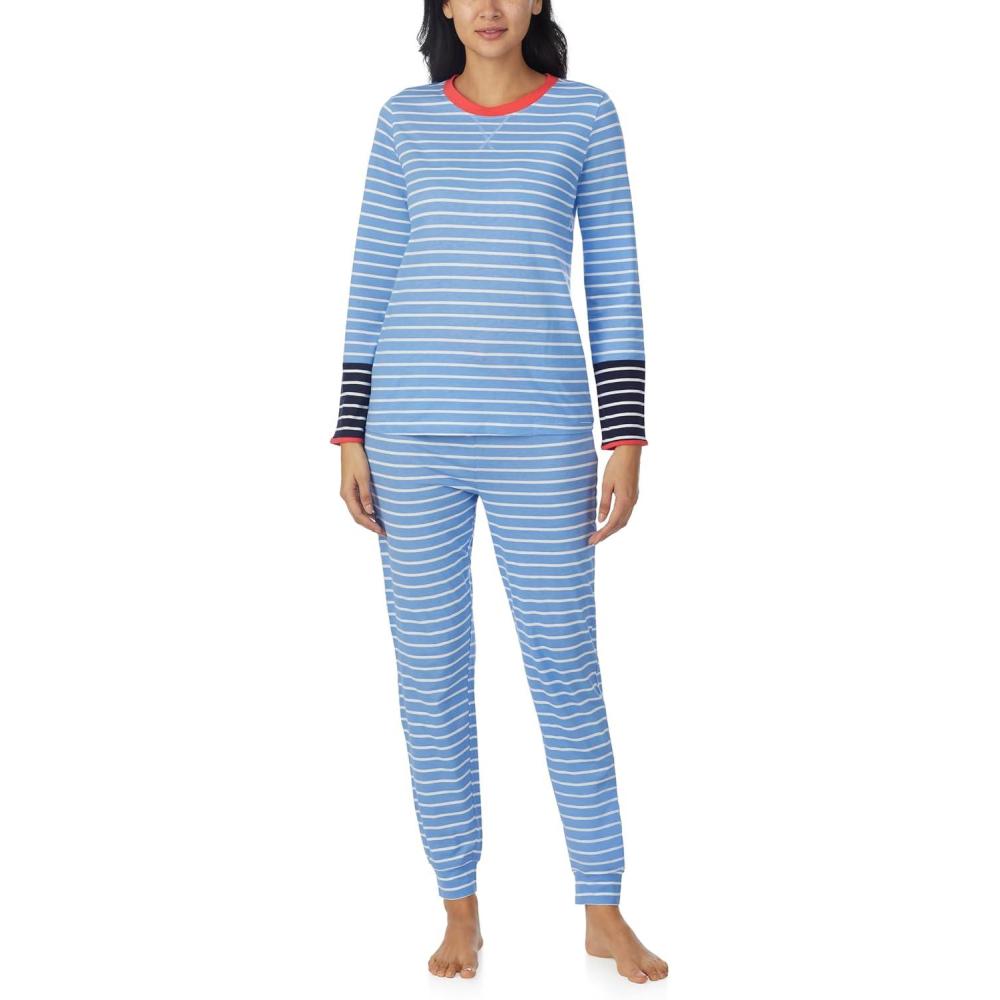 imageNautica Striped Lightweight Cotton Pajama PJ Set for Women Womens Long Sleeve PJs Pajamas Crewneck Shirt amp Jogger Pants SetsBlue Stp