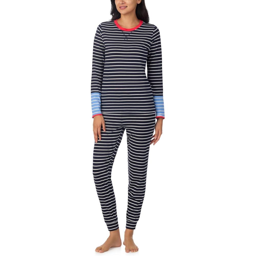 imageNautica Striped Lightweight Cotton Pajama PJ Set for Women Womens Long Sleeve PJs Pajamas Crewneck Shirt amp Jogger Pants SetsNavy Stp