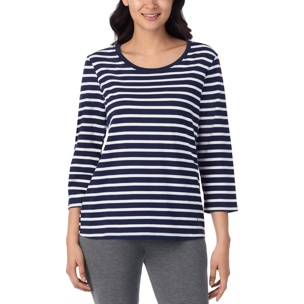 imageNautica Womens 34 Sleeve Sleep Shirt  Lightweight Breathable Pajama Top  Cotton Knit Jersey Crewneck Sleepwear LoungewearNavy Stripe