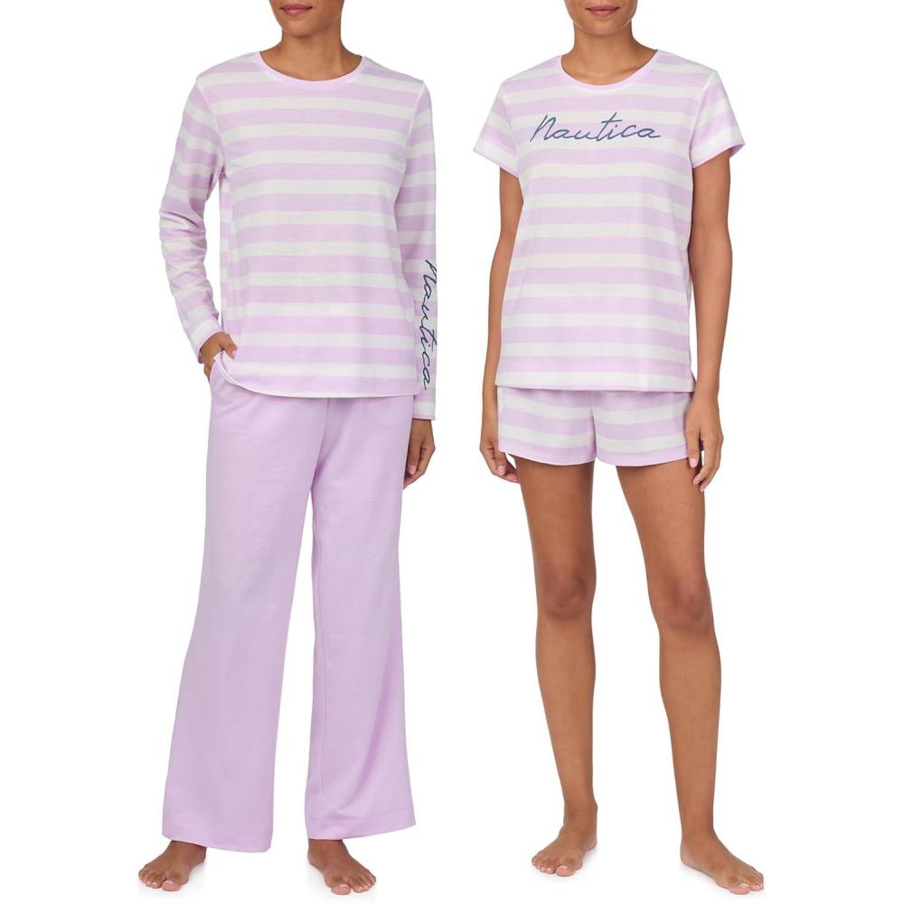 imageNautica Womens 4 Piece Sleep amp Lounge Pajama Set Lightweight French Terry Long amp Short Sleeve PJ Top Pants amp ShortsLilac Stripe