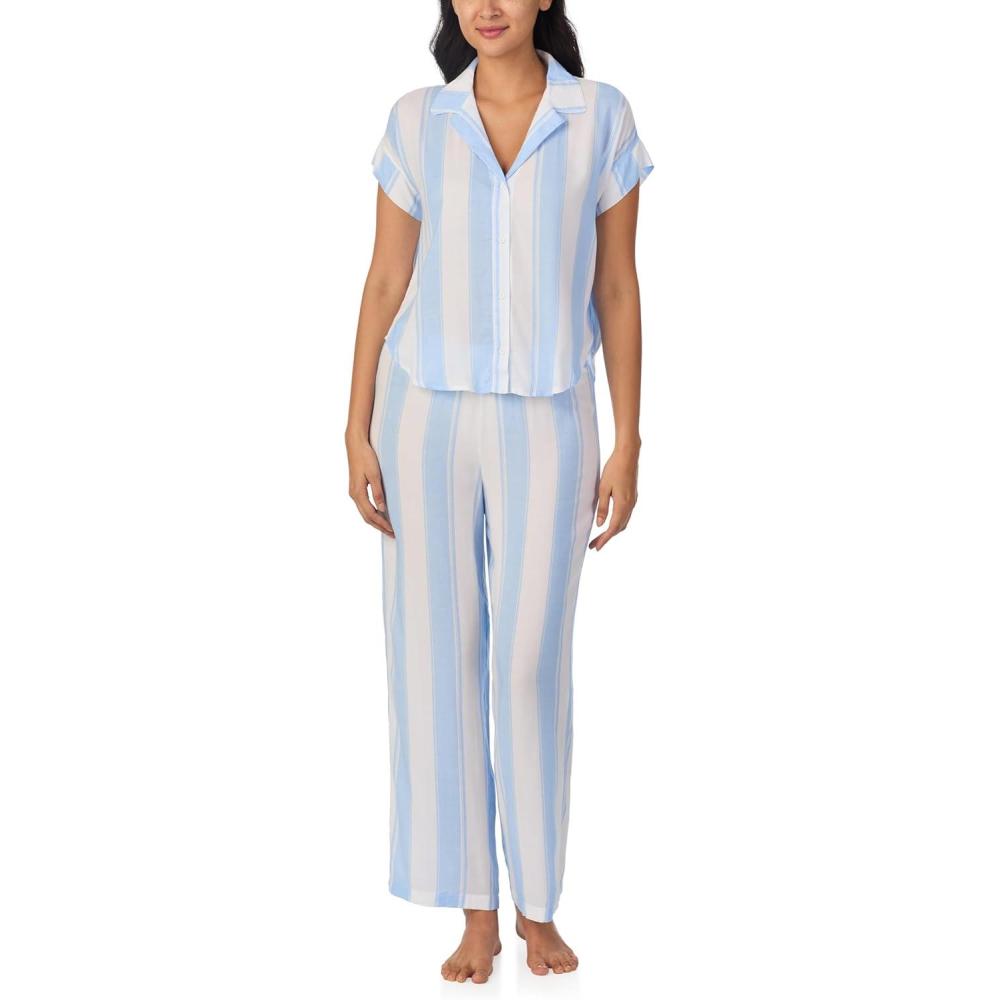 imageNautica Womens Button Up Pajama Set 2Piece Summer Lightweight PJ Set Top and Pants Lounge and Sleep Sets for WomenBlue Stripe