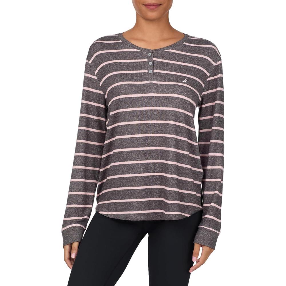 imageNautica Womens Henley Pajama Top UltraSoft amp Lightweight Long Sleeve Lounge Shirt Sweater Knit Sleepwear amp LoungewearGrey Stripe