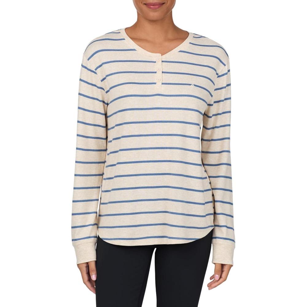 imageNautica Womens Henley Pajama Top UltraSoft amp Lightweight Long Sleeve Lounge Shirt Sweater Knit Sleepwear amp LoungewearOatmeal Stripe