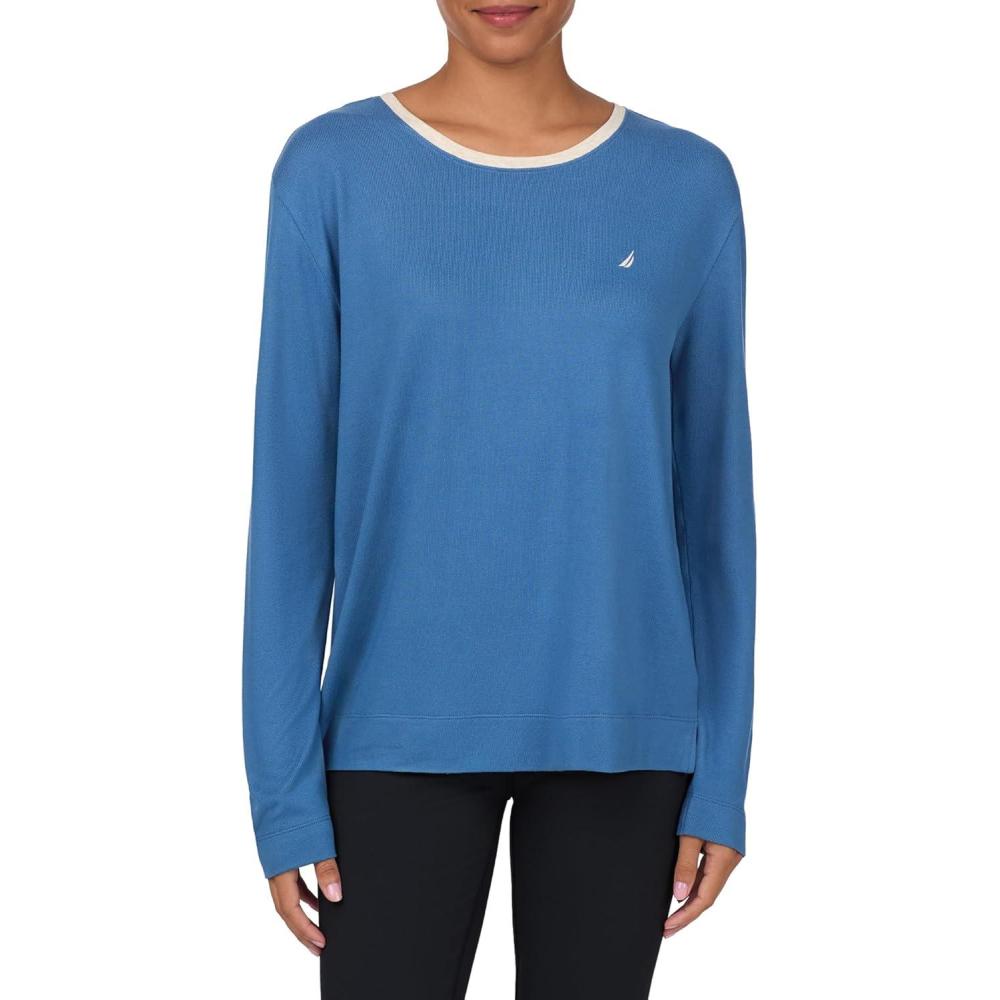imageNautica Womens Long Sleeve Crewneck Pajama Top Lightweight Soft and Cozy PJ Shirt Sweater Knit Sleepwear amp LoungewearBlue