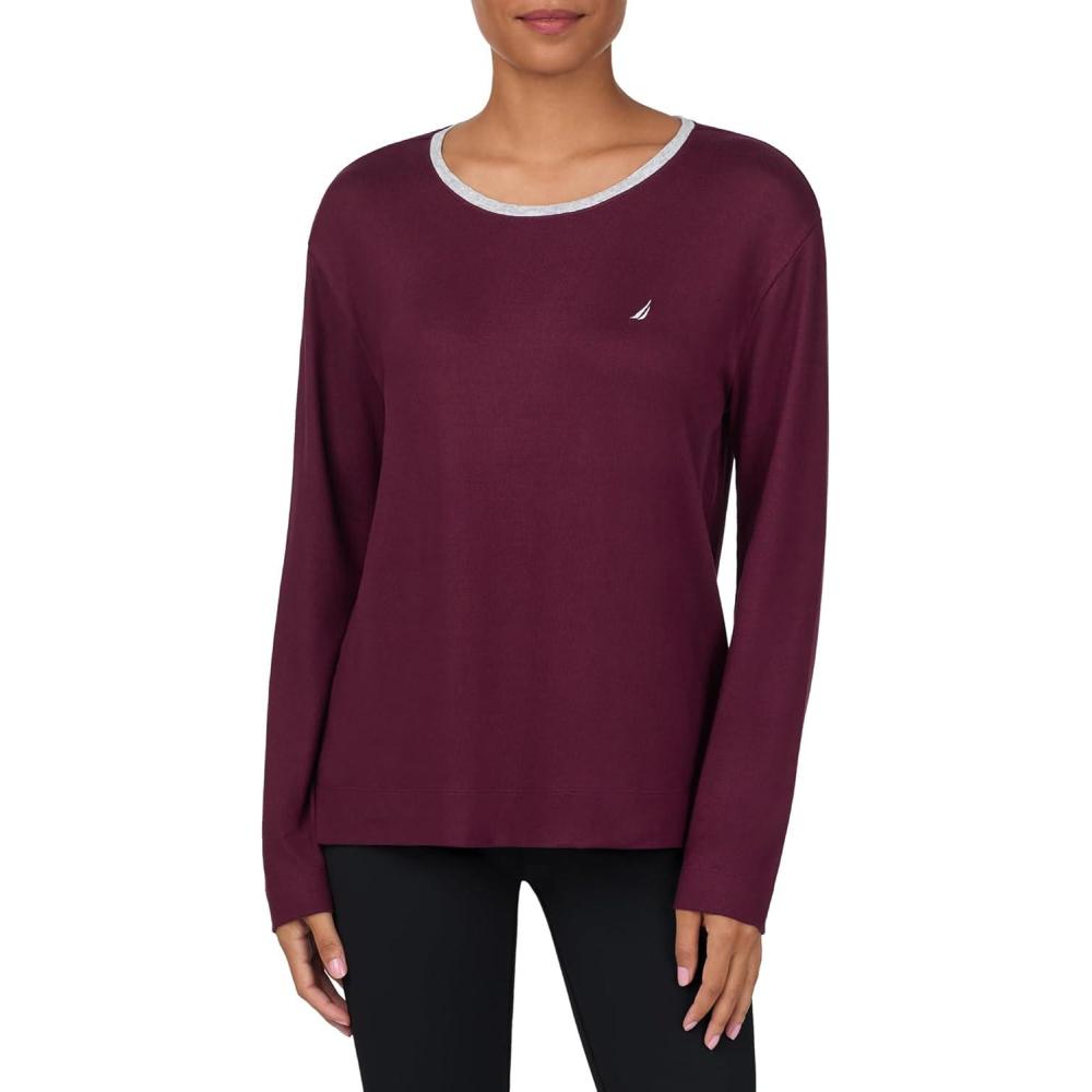 imageNautica Womens Long Sleeve Crewneck Pajama Top Lightweight Soft and Cozy PJ Shirt Sweater Knit Sleepwear amp LoungewearBurgundy