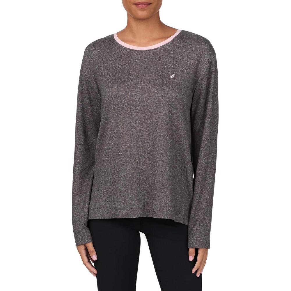 imageNautica Womens Long Sleeve Crewneck Pajama Top Lightweight Soft and Cozy PJ Shirt Sweater Knit Sleepwear amp LoungewearGrey Heather