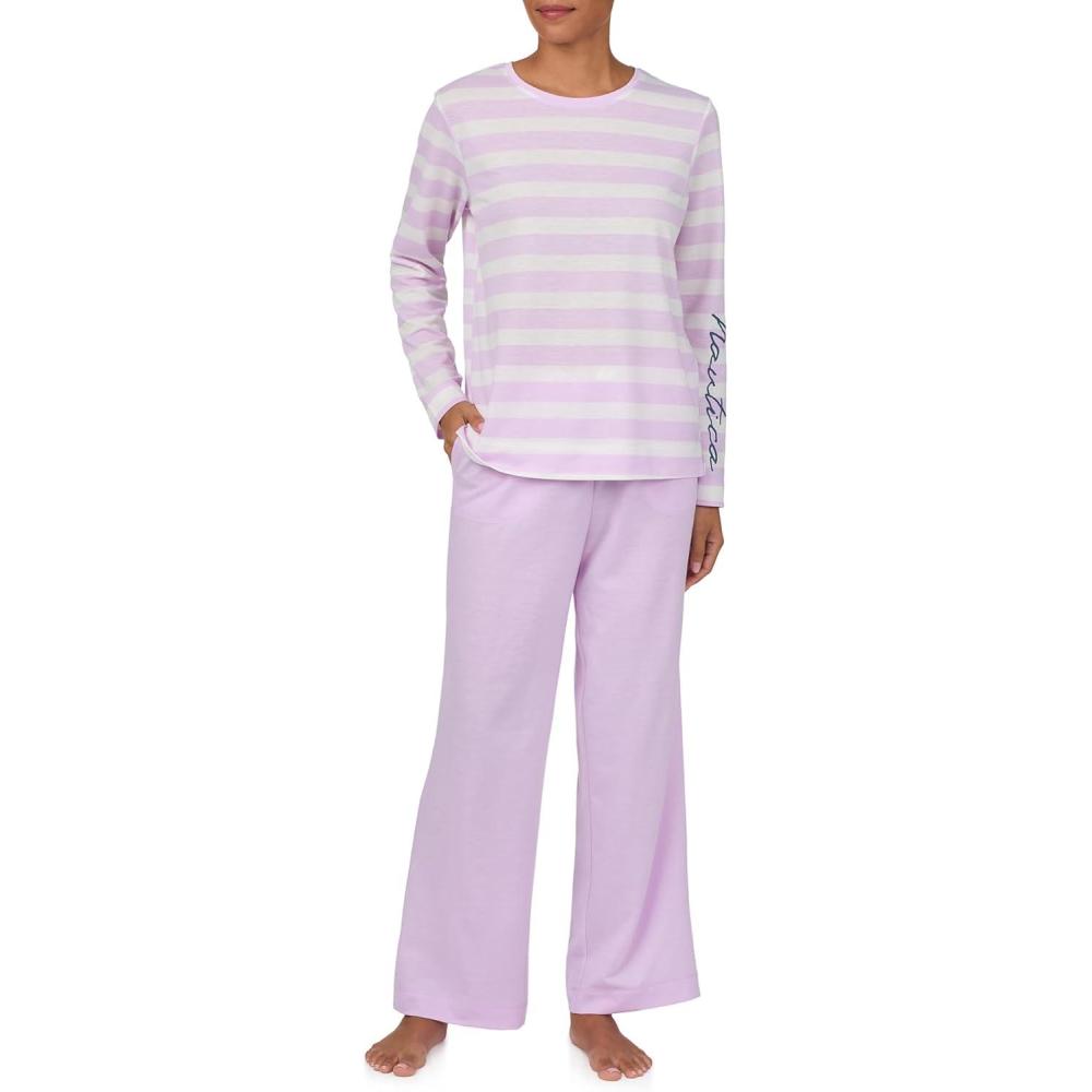 imageNautica Womens Matching Long Sleeve Pajama Top amp Pants Set Lightweight French Terry Sleepwear amp Loungewear PJs SetsLilac Stripe