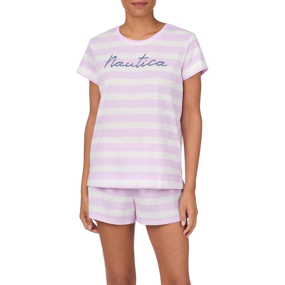 imageNautica Womens Matching Short Sleeve Pajama Top amp Shorts Set Lightweight French Terry Sleepwear amp Loungewear PJs SetsLilac Stripe