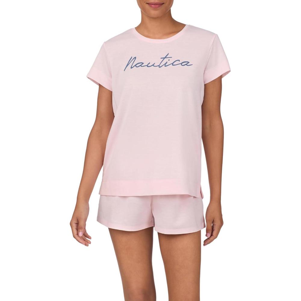 imageNautica Womens Matching Short Sleeve Pajama Top amp Shorts Set Lightweight French Terry Sleepwear amp Loungewear PJs SetsPink