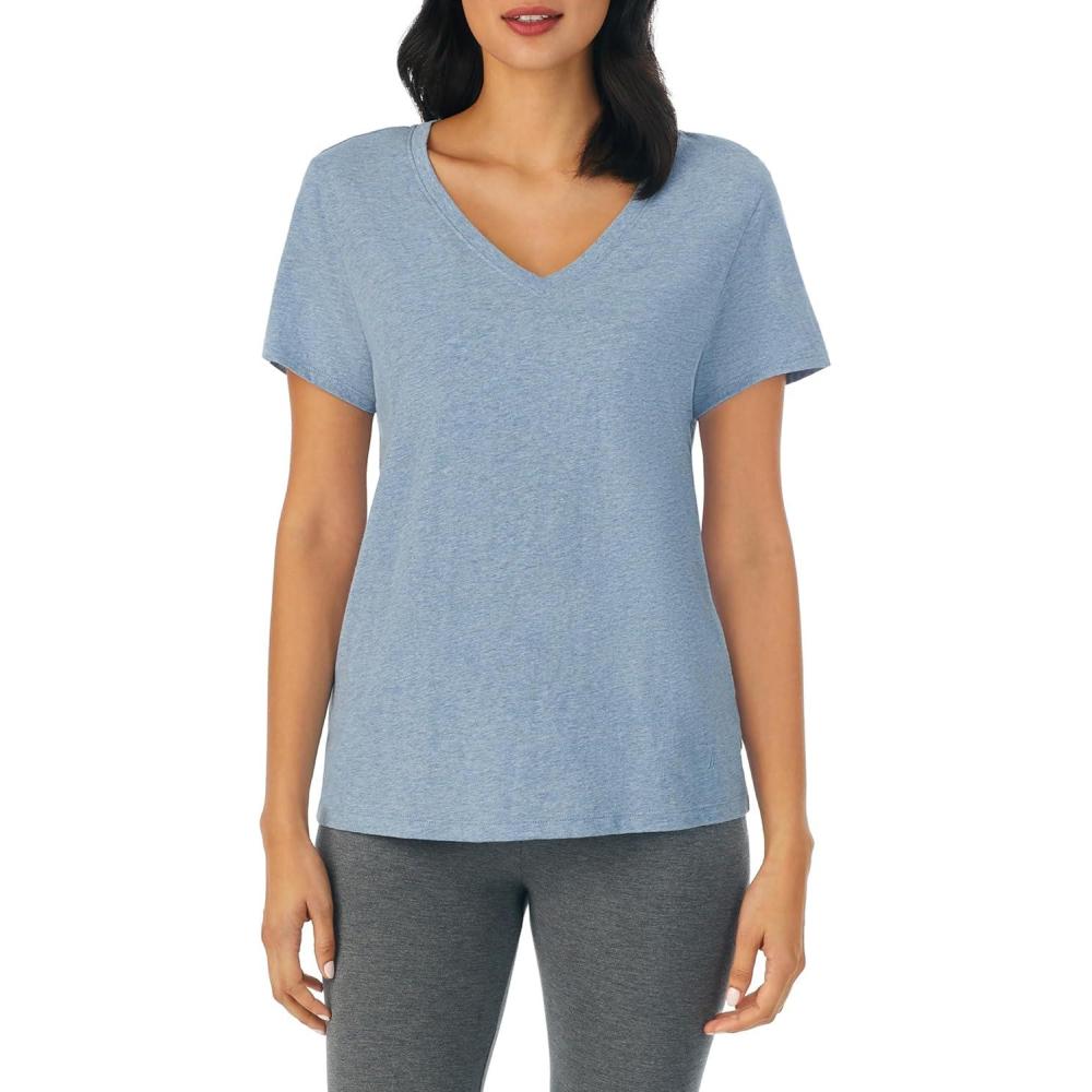 imageNautica Womens Sleep Shirt  Lightweight Breathable Pajama Top  Cotton Knit Jersey VNeck Sleepwear and LoungewearHeather Blue