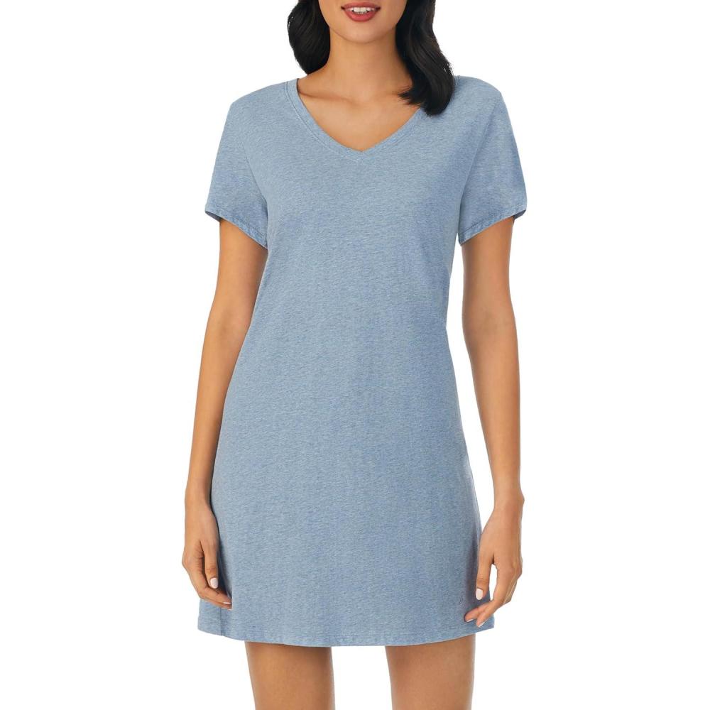 imageNautica Womens Sleep Shirt Dress Cotton Knit Jersey VNeck Pajama Top Lightweight amp Breathable Sleepwear LoungewearHeather Blue