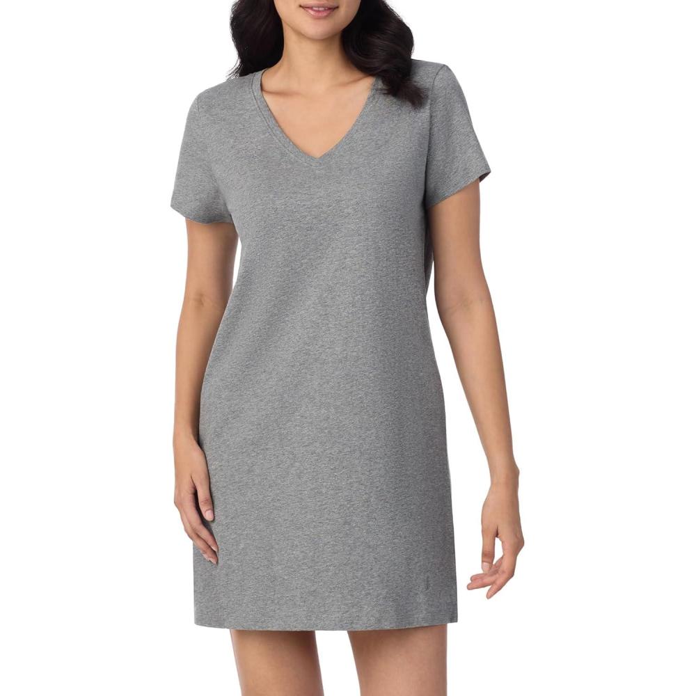 imageNautica Womens Sleep Shirt Dress Cotton Knit Jersey VNeck Pajama Top Lightweight amp Breathable Sleepwear LoungewearHeather Grey