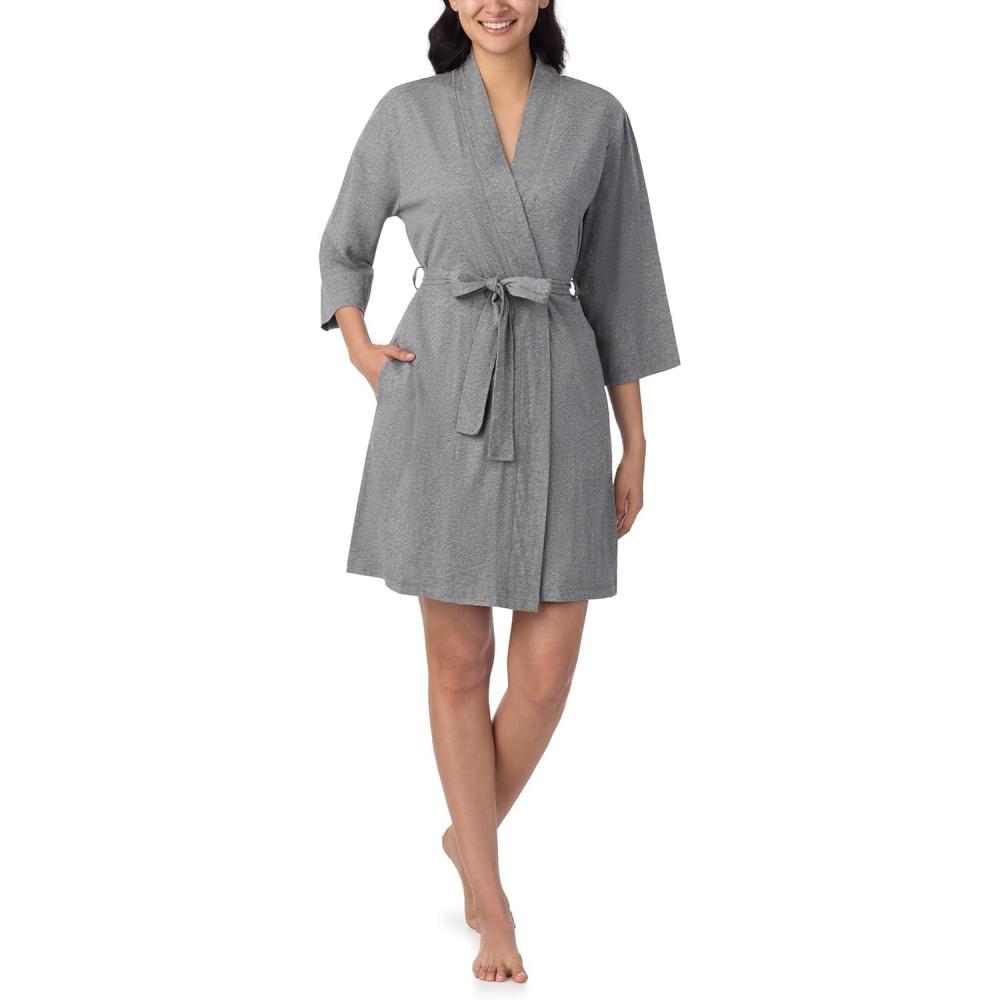 imageNautica Womens Soft Robe Above Knee 34 Length Sleeve Lightweight Robe Cotton Knit Jersey Sleepwear and LoungewearHeather Grey