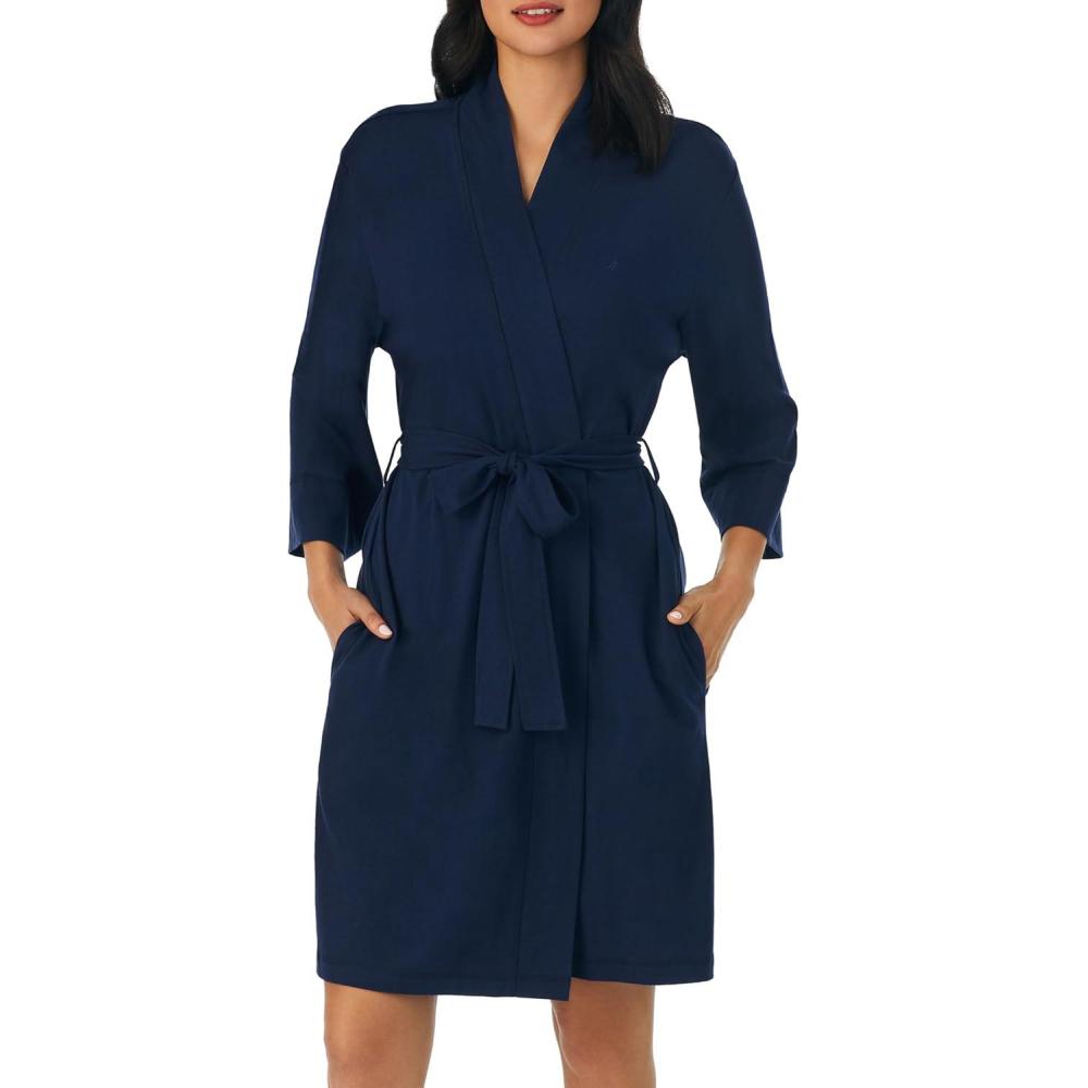 imageNautica Womens Soft Robe Above Knee 34 Length Sleeve Lightweight Robe Cotton Knit Jersey Sleepwear and LoungewearNavy