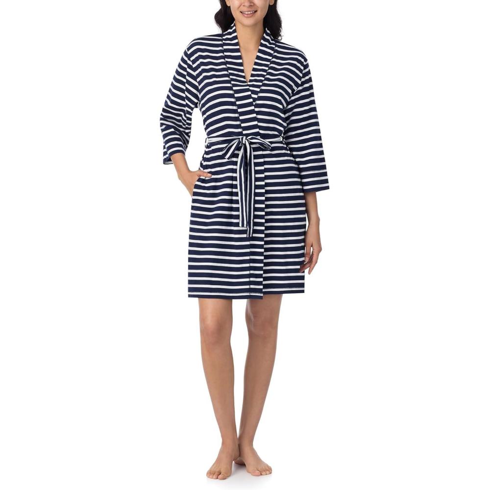 imageNautica Womens Soft Robe Above Knee 34 Length Sleeve Lightweight Robe Cotton Knit Jersey Sleepwear and LoungewearNavy Stripe