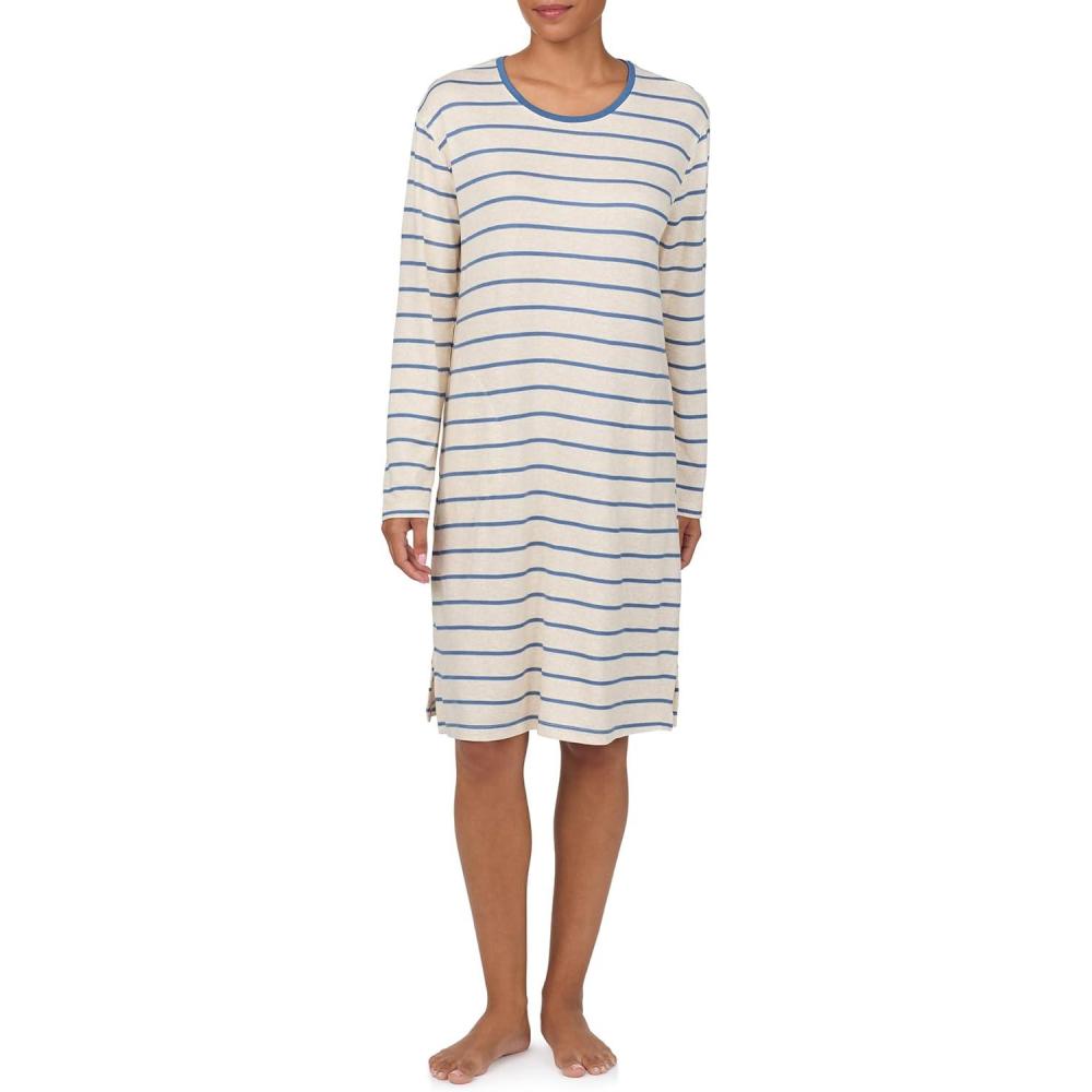 imageNautica Womens UltaSoft Sleepwear amp Loungewear Long Sleeve Sweater Knit Lightweight amp Cozy Nightgown Lounge DressOatmeal Stripe