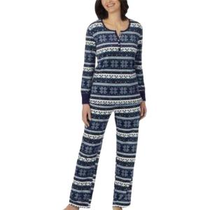 Nautica Pajamas for Women Set, Long Sleeve Henley Pajama Shirt & Pants, Warm Winter Fleece Sleepwear Lounge PJ Sets for Women(Blue)
