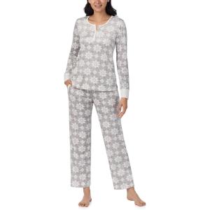 Nautica Pajamas for Women Set, Long Sleeve Henley Pajama Shirt & Pants, Warm Winter Fleece Sleepwear Lounge PJ Sets for Women(Grey Snowflake)