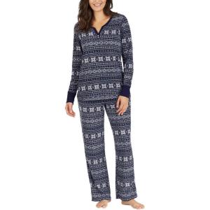 Nautica Pajamas for Women Set, Long Sleeve Henley Pajama Shirt & Pants, Warm Winter Fleece Sleepwear Lounge PJ Sets for Women(Navy)
