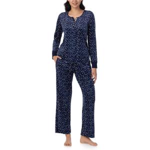 Nautica Pajamas for Women Set, Long Sleeve Henley Pajama Shirt & Pants, Warm Winter Fleece Sleepwear Lounge PJ Sets for Women(Navy Dots)