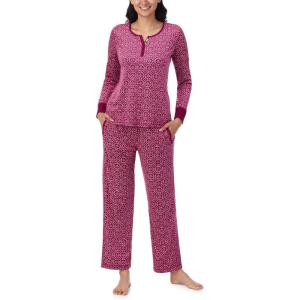 Nautica Pajamas for Women Set, Long Sleeve Henley Pajama Shirt & Pants, Warm Winter Fleece Sleepwear Lounge PJ Sets for Women(Pink Geo)