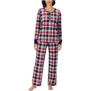 Nautica Pajamas for Women Set, Long Sleeve Henley Pajama Shirt & Pants, Warm Winter Fleece Sleepwear Lounge PJ Sets for Women(Red)