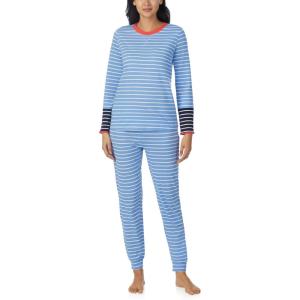 Nautica Striped Lightweight Cotton Pajama PJ Set for Women, Womens Long Sleeve PJs Pajamas Crewneck Shirt & Jogger Pants Sets(Blue Stp)