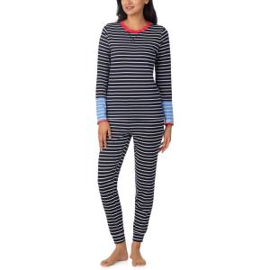 Nautica Striped Lightweight Cotton Pajama PJ Set for Women, Womens Long Sleeve PJs Pajamas Crewneck Shirt & Jogger Pants Sets(Navy Stp)