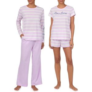 Nautica Womens 4 Piece Sleep & Lounge Pajama Set – Lightweight French Terry – Long & Short Sleeve PJ Top, Pants & Shorts(Lilac Stripe)