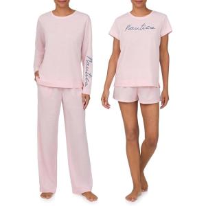 Nautica Womens 4 Piece Sleep & Lounge Pajama Set – Lightweight French Terry – Long & Short Sleeve PJ Top, Pants & Shorts(Pink)