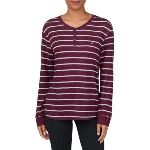 Nautica Womens Henley Pajama Top – Ultra-Soft & Lightweight Long Sleeve Lounge Shirt – Sweater Knit Sleepwear & Loungewear(Burgundy Stripe)