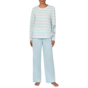 Nautica Womens Matching Long Sleeve Pajama Top & Pants Set – Lightweight French Terry – Sleepwear & Loungewear PJs Sets(Mint Stripe)