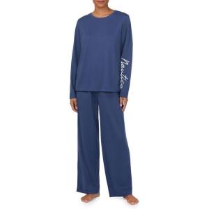 Nautica Womens Matching Long Sleeve Pajama Top & Pants Set – Lightweight French Terry – Sleepwear & Loungewear PJs Sets(Navy)