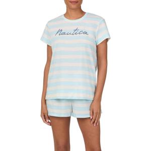 Nautica Womens Matching Short Sleeve Pajama Top & Shorts Set – Lightweight French Terry – Sleepwear & Loungewear PJs Sets(Mint Stripe)