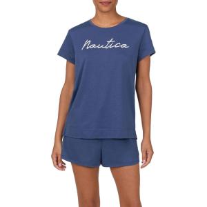 Nautica Womens Matching Short Sleeve Pajama Top & Shorts Set – Lightweight French Terry – Sleepwear & Loungewear PJs Sets(Navy)