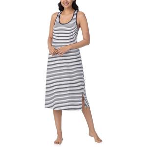 Nautica Womens Sleep Dress 100% Cotton Jersey Knit Racerback Full Length Nightgown with Slit(White Stripe)